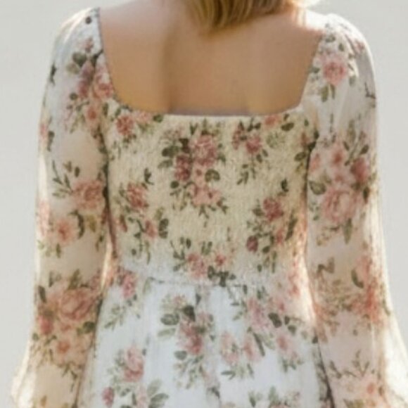 Boho Floral Print Maxi Dress Long Sleeve Square Neck Flowy Wedding Chiffon Gown - Picture 5 of 8